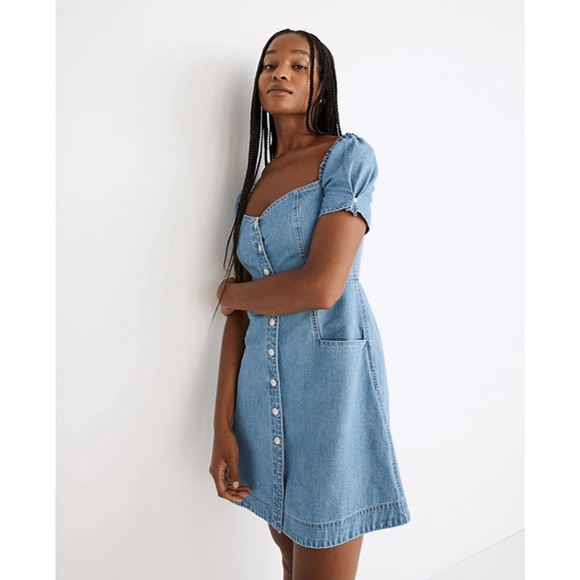 Madewell Denim Puff Sleeve Mini Dress in Dawnshire Wash - Picture 2 of 12